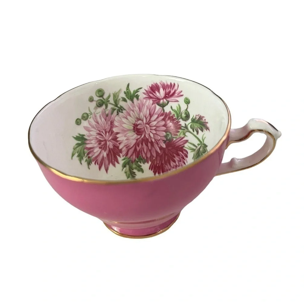 Adderley Teacup only , pink Chrysanthmum with greenery.